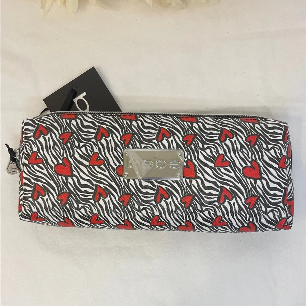 bebe Cosmetic Bag Black and Red Heart with 2 Bottles NWT